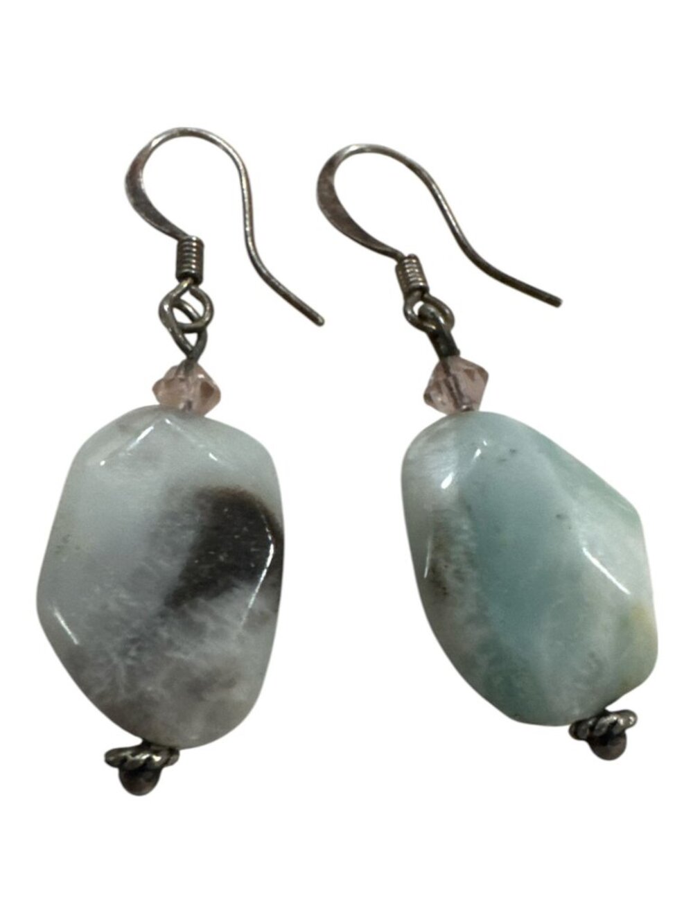 Natural Larimar Drop Earrings With Sterling Silver Hooks Light Blue & Gray Gemst